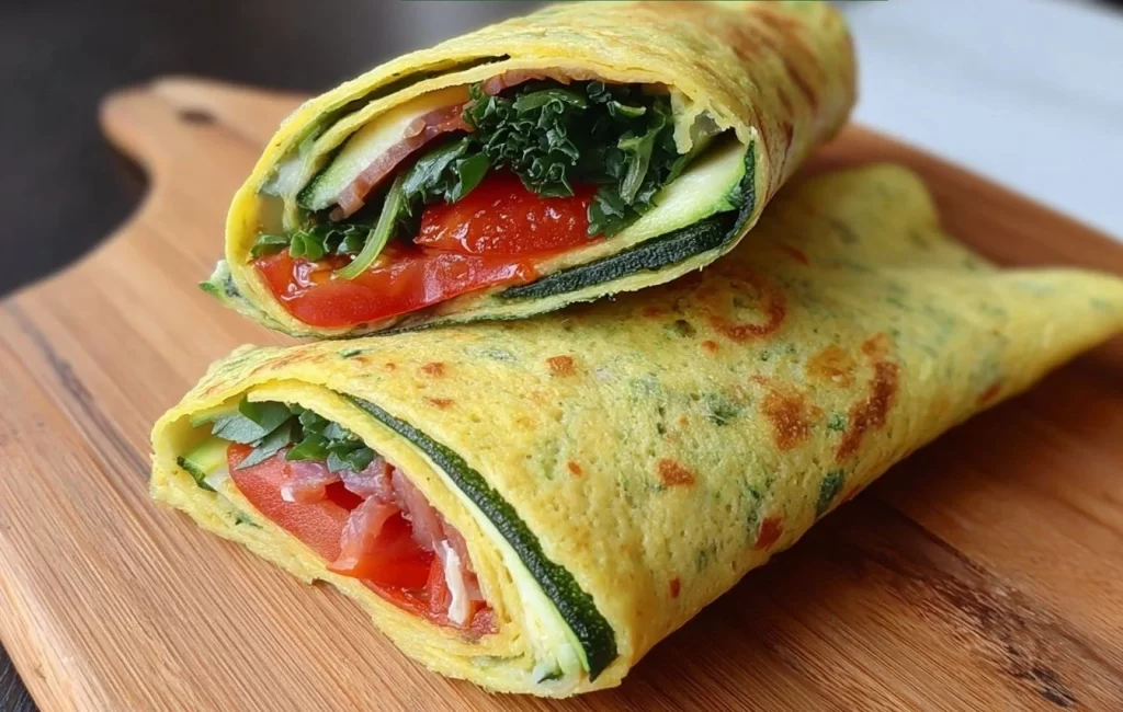 Healthy low-carb zucchini wrap filled with fresh vegetables