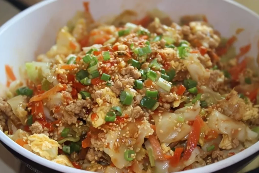 Delicious egg roll in a bowl with colorful vegetables and savory fillings