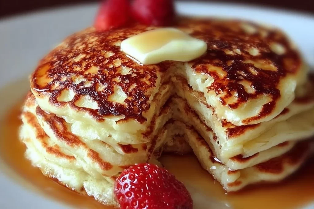 Flourless cottage cheese pancakes stacked with syrup and fruit on a plate