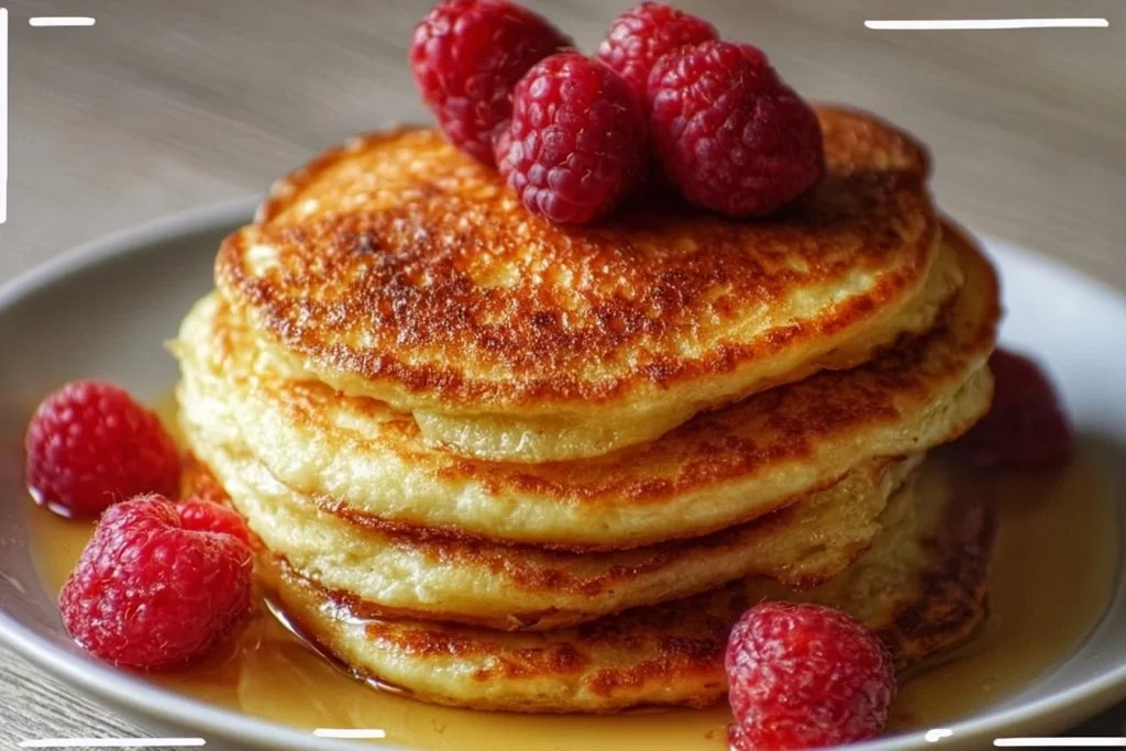 Fluffy low-carb keto pancakes stacked on a plate with berries and syrup