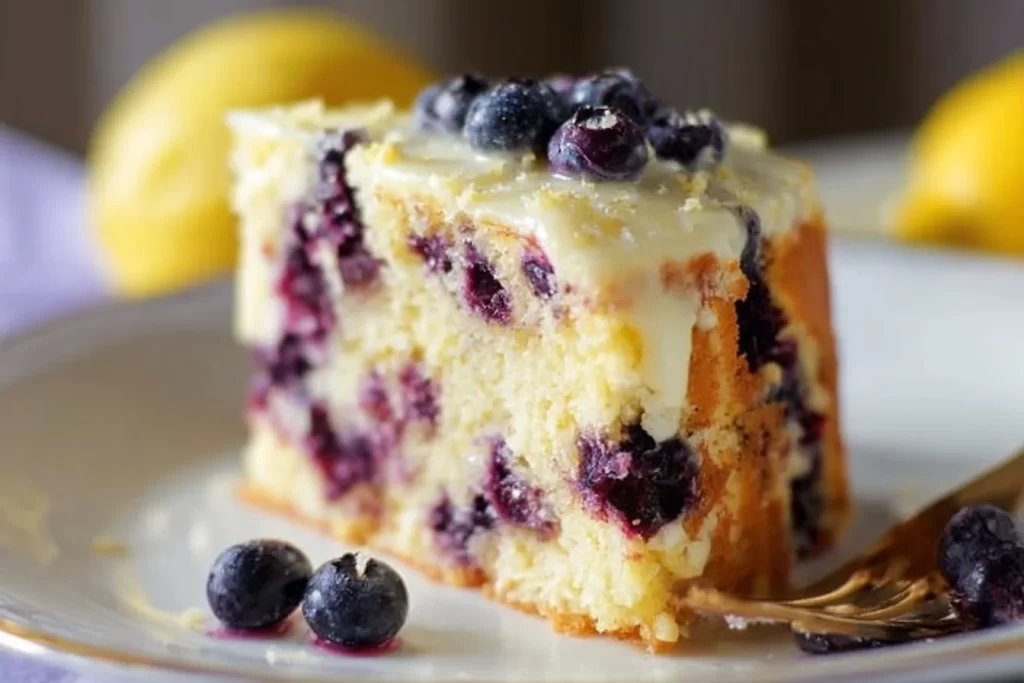 Healthy lemon blueberry cake topped with fresh blueberries and lemon zest