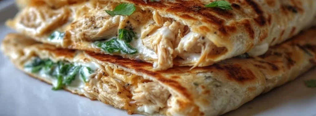 High-protein chicken ranch quesadilla with melted cheese and fresh ingredients