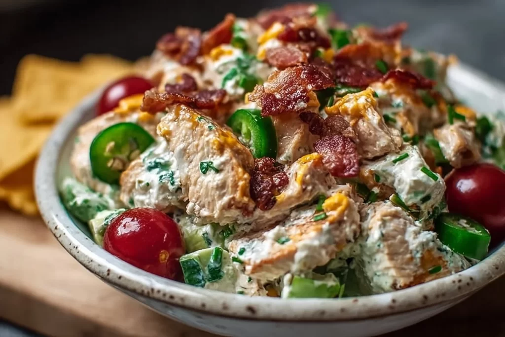 Delicious Jalapeño Popper Keto Chicken Salad served in a bowl