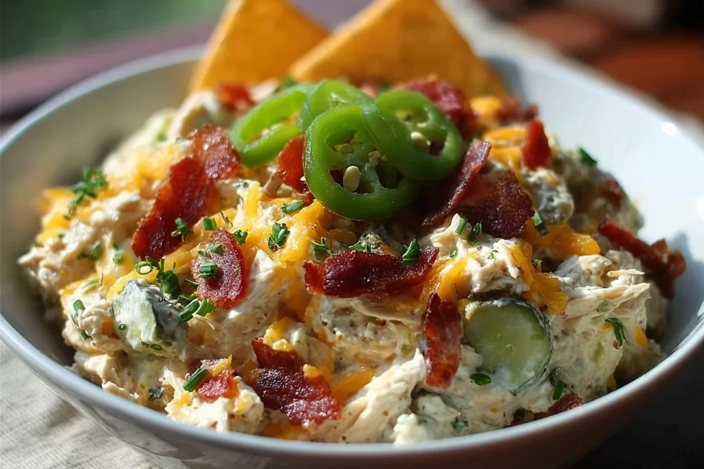 Delicious jalapeno popper chicken salad in a bowl