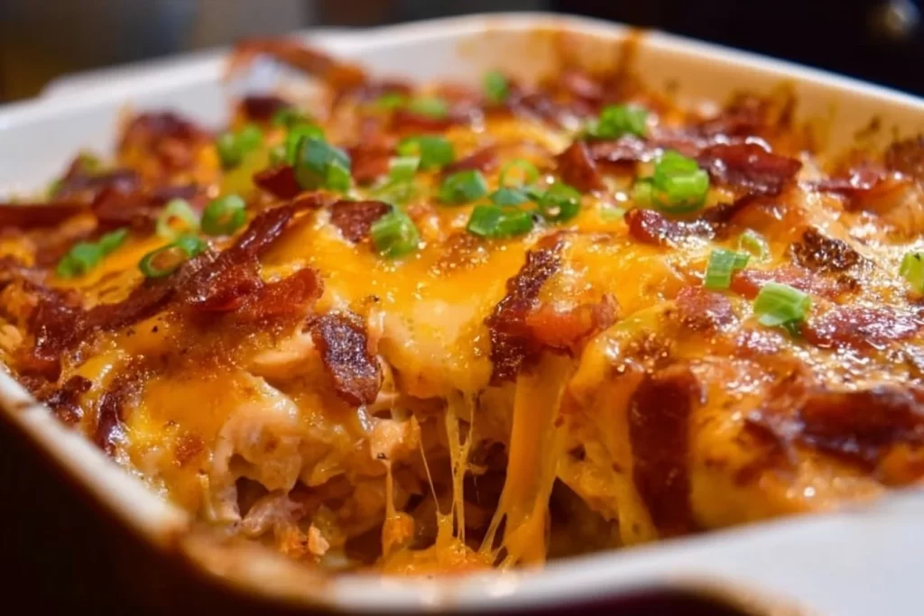 Keto BBQ Chicken Casserole topped with melted cheese and fresh herbs