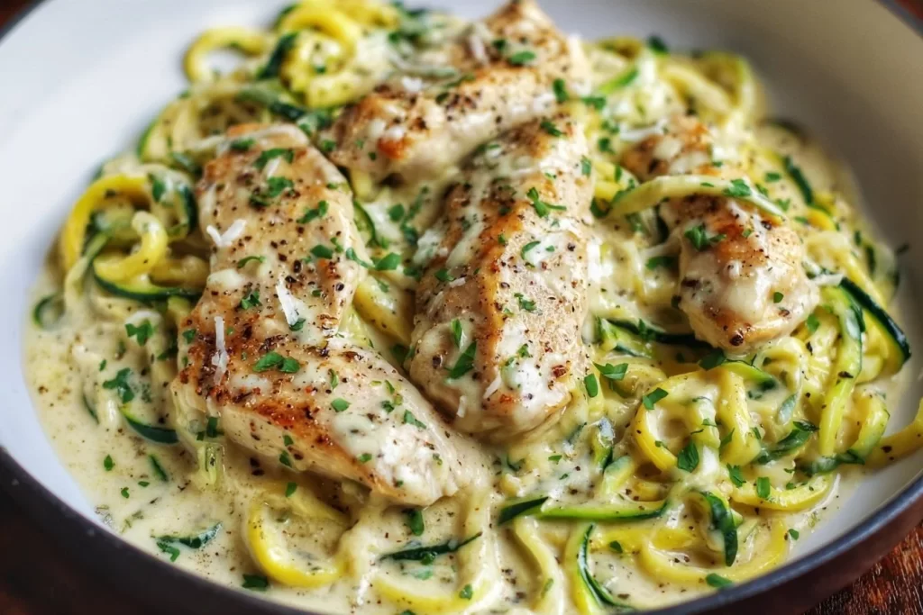 Creamy Keto Chicken Alfredo with zoodles on a plate