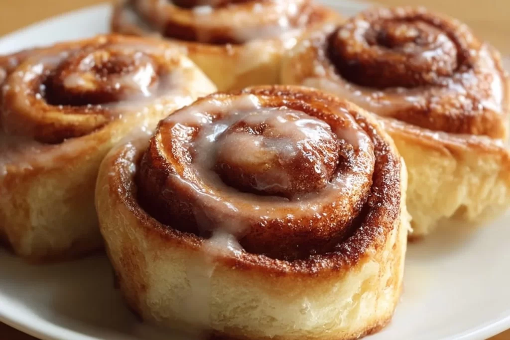 Delicious Keto Cinnamon Rolls topped with icing on a wooden table