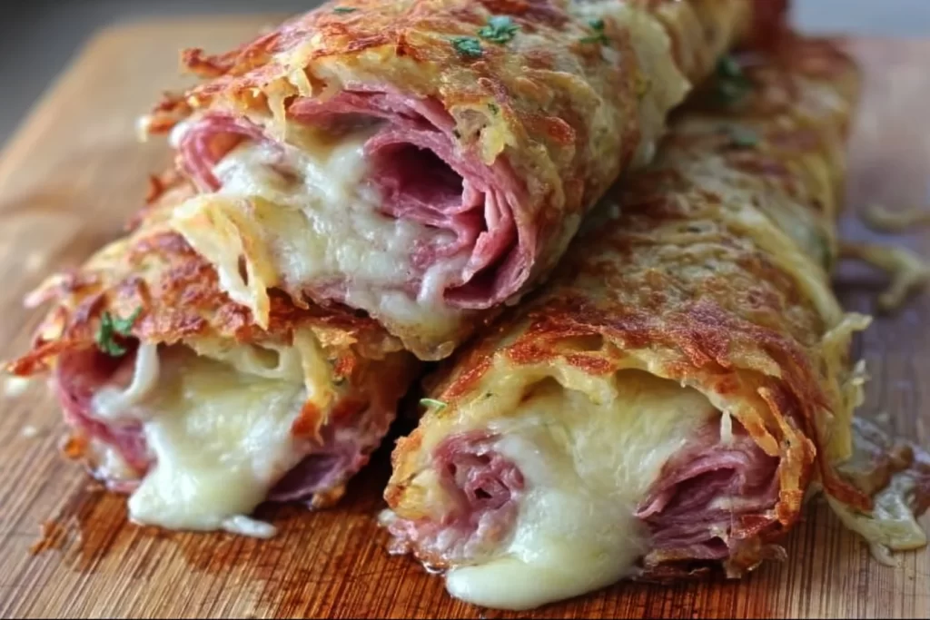 Keto Crispy Reuben Roll-Ups with corned beef, cheese, and sauerkraut