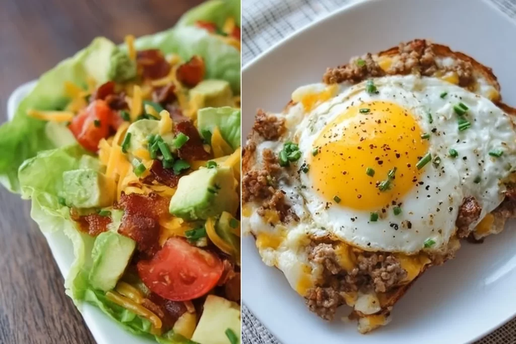A variety of delicious Keto lunch recipes displayed on a wooden table.