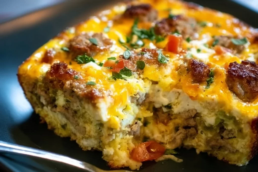 Keto Sausage and Egg Breakfast Casserole served in a dish