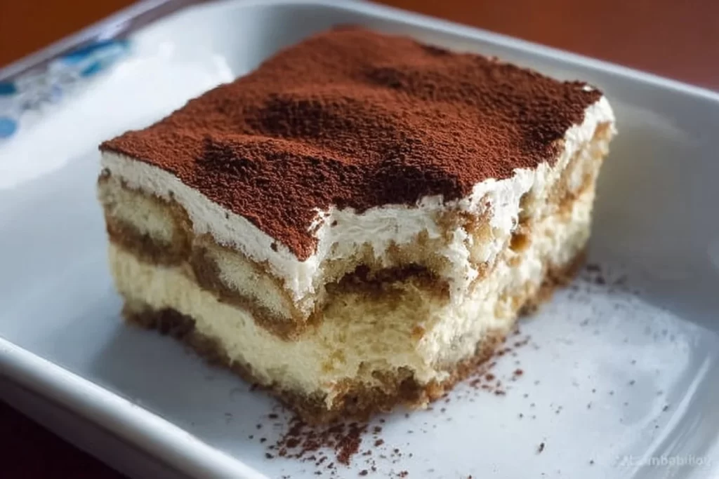 Delicious Keto Tiramisu dessert served on a plate with cocoa powder sprinkle