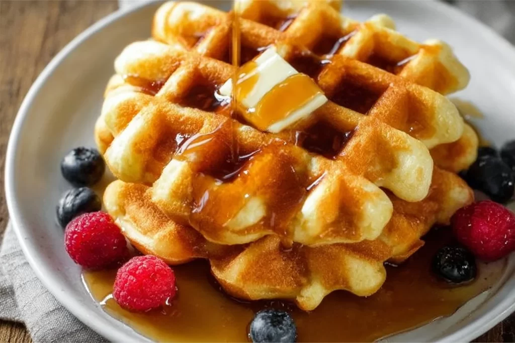 Delicious homemade Keto Waffles topped with fresh berries and syrup