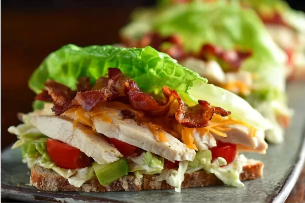 Low carb chicken club sandwich with crispy bacon, lettuce, and avocados