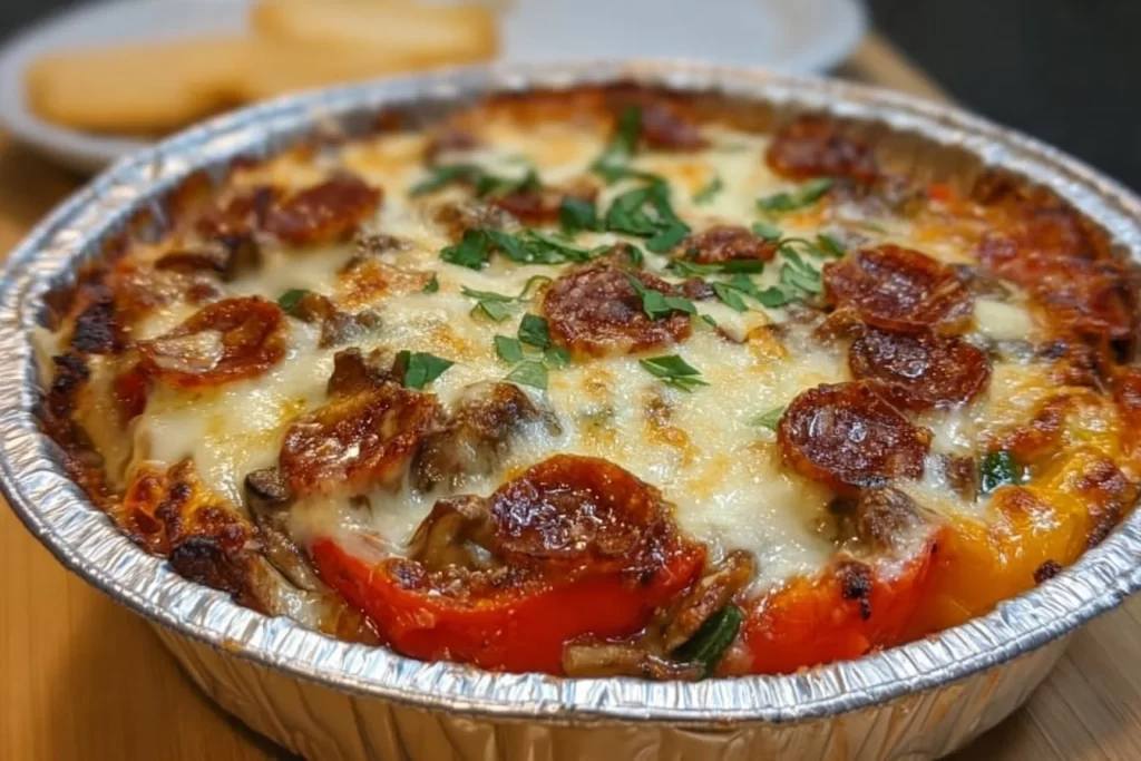Delicious low carb crustless pizza bowl topped with fresh ingredients