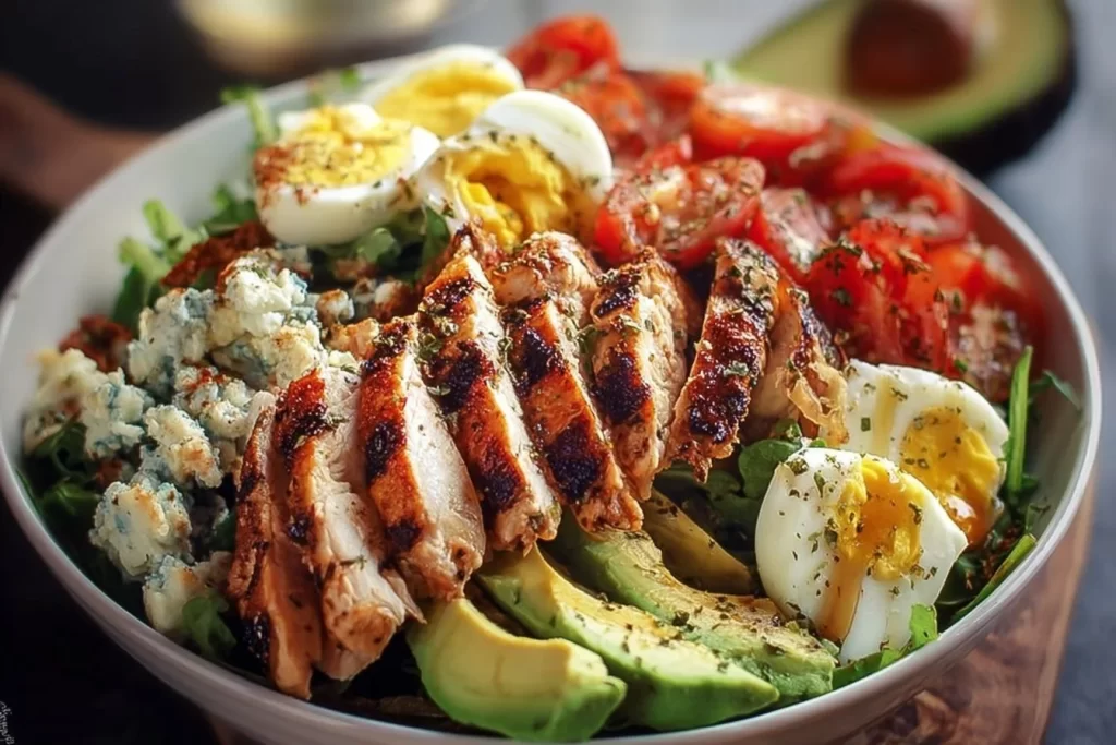 Paleo grilled chicken Cobb salad with honey Dijon dressing on a fresh platter.