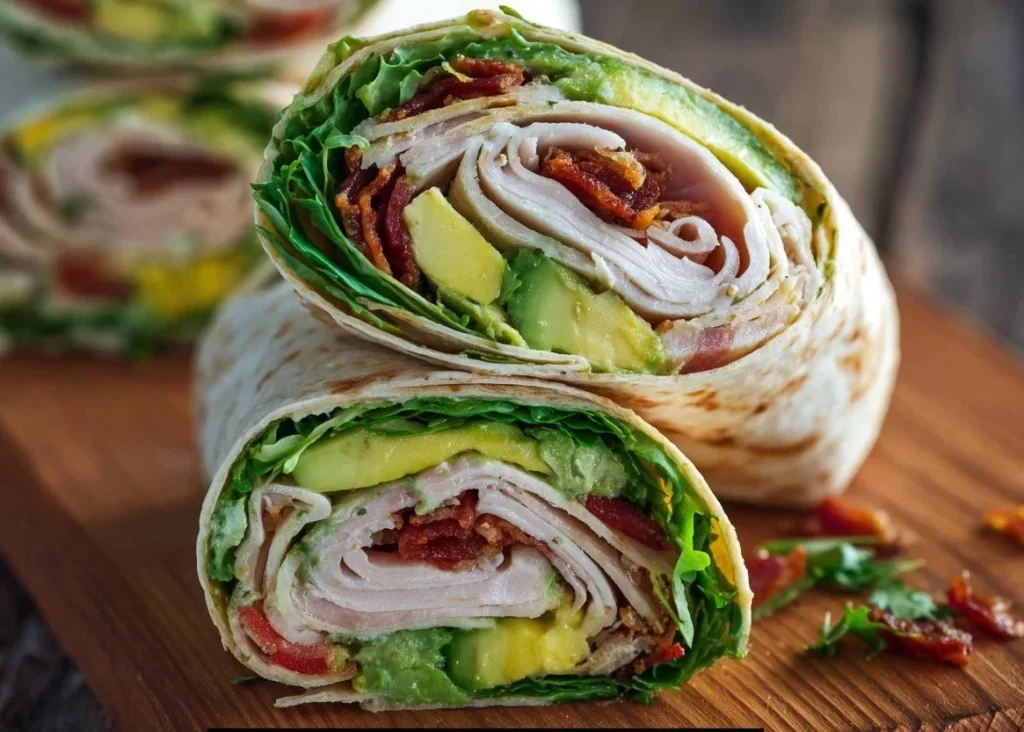 Turkey Avocado Club Wrap served with fresh ingredients on a plate