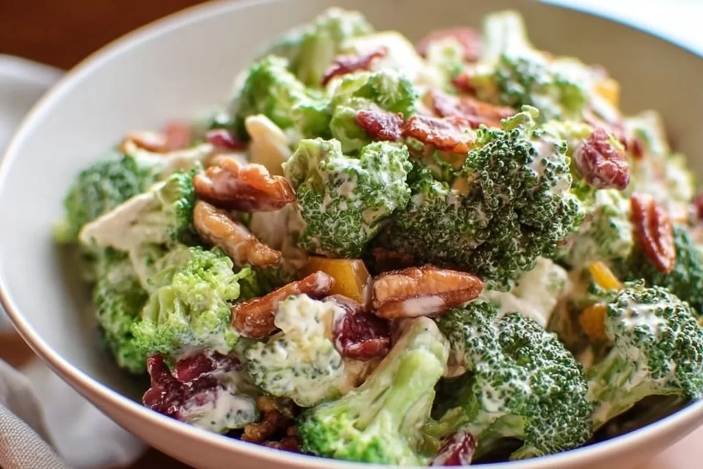 Delicious simple Keto Broccoli Salad with fresh vegetables and creamy dressing