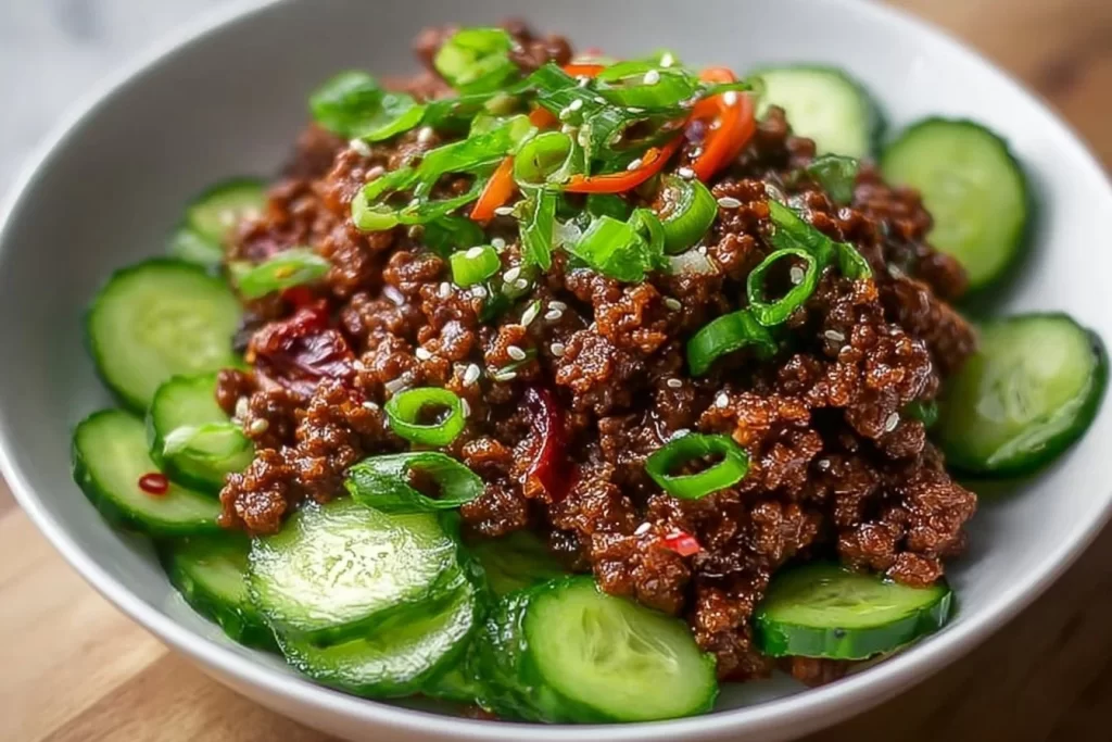 Spicy Keto Korean Ground Beef served with a cucumber salad on a plate