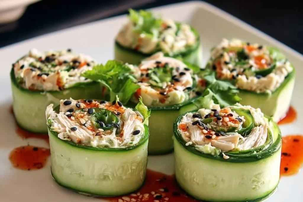 Tasty chicken salad cucumber roll ups served on a plate