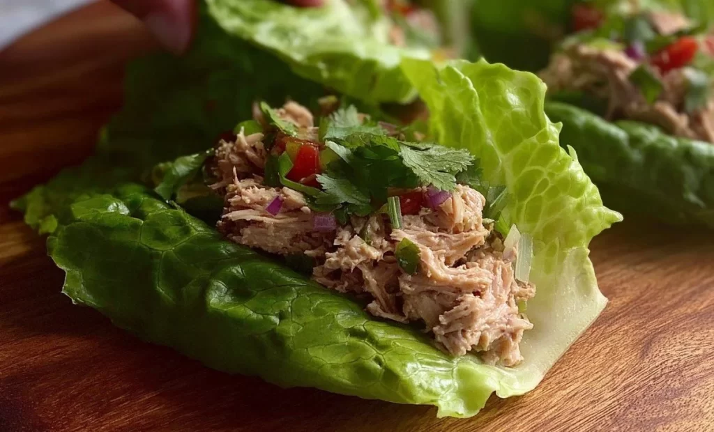 Healthy tuna lettuce wraps filled with protein-rich tuna, served on fresh lettuce leaves.