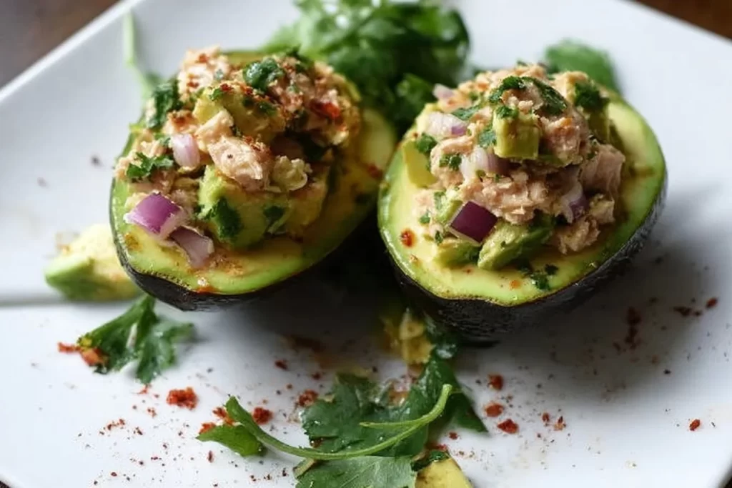 Tuna stuffed avocados filled with a tasty and nutritious mixture