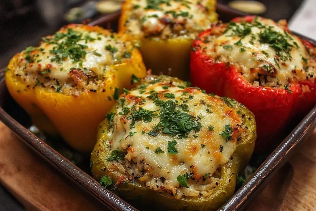 Colorful vegetarian stuffed bell peppers filled with grains and vegetables.