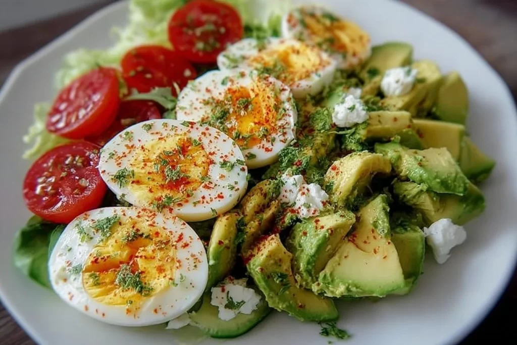 Healthy workout egg avocado salad bowl ready to serve