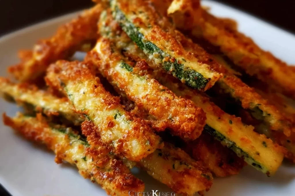 Crispy baked keto zucchini fries served on a plate