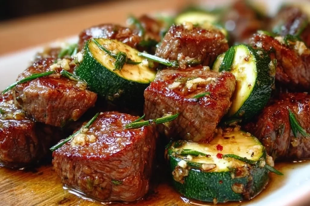 Succulent garlic butter steak bites served with zucchini on a plate.