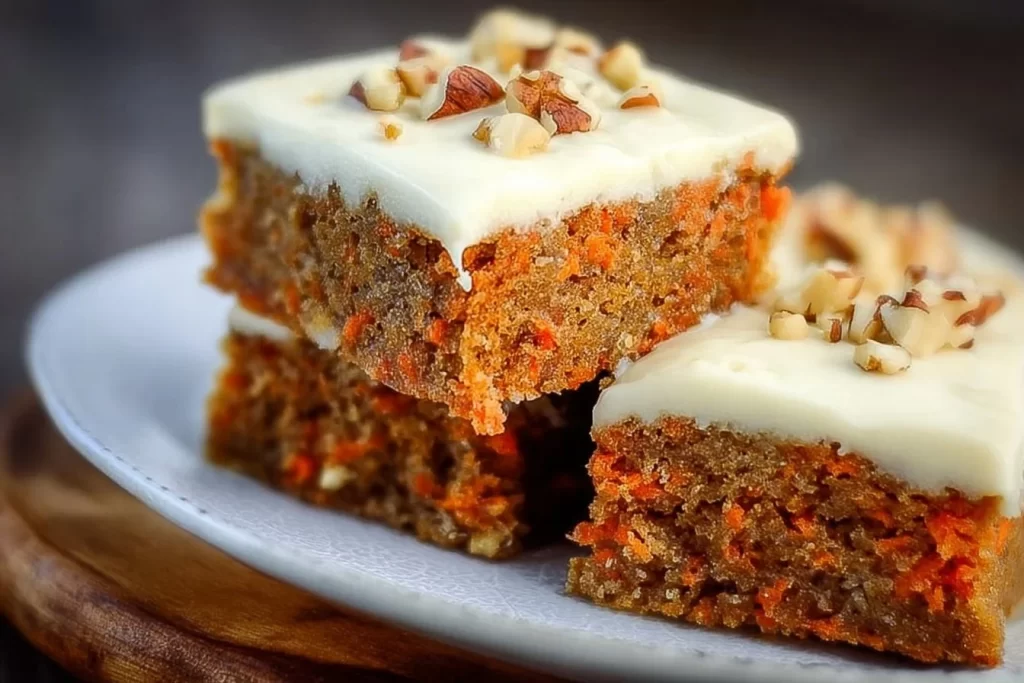 Keto Carrot Cake Bars topped with cream cheese frosting on a plate