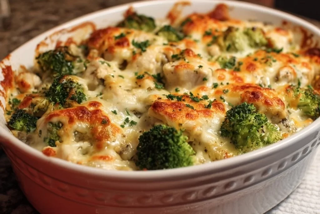 Keto Chicken Alfredo Broccoli Bake topped with cheese and broccoli