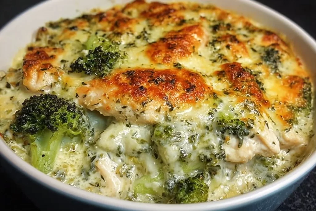 Keto Chicken Alfredo Broccoli Bake served in a dish
