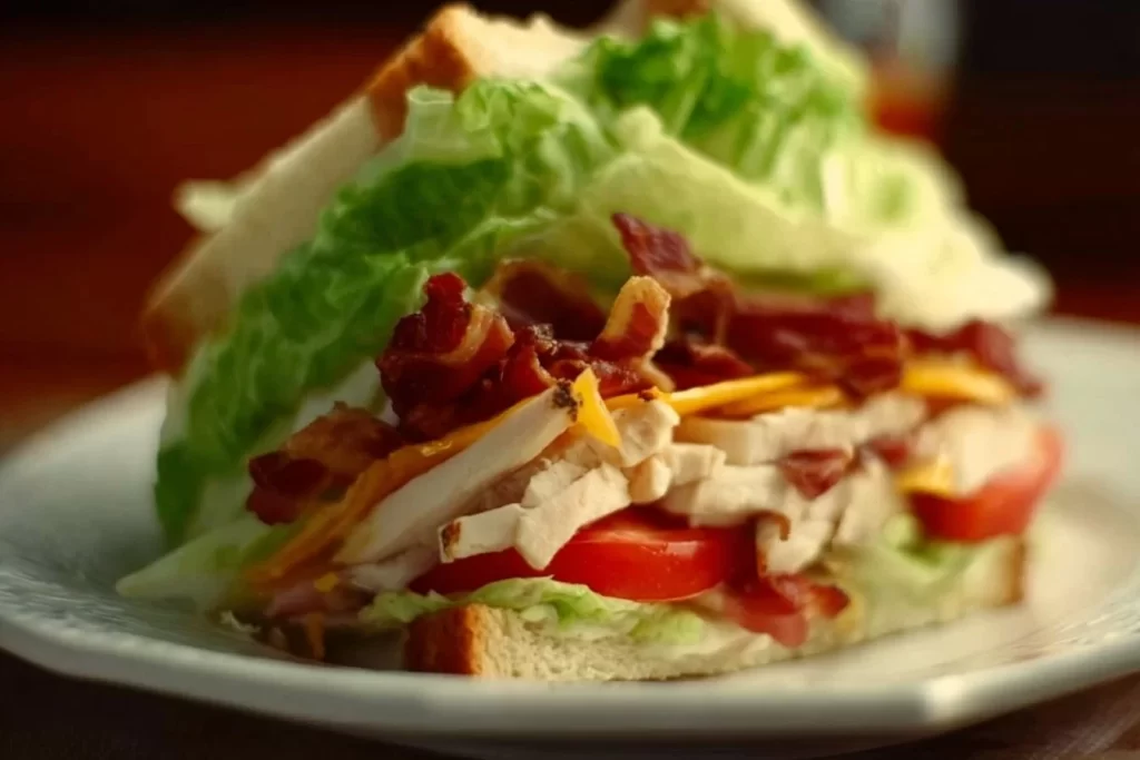Keto and low carb chicken club sandwich with lettuce, bacon, and avocado