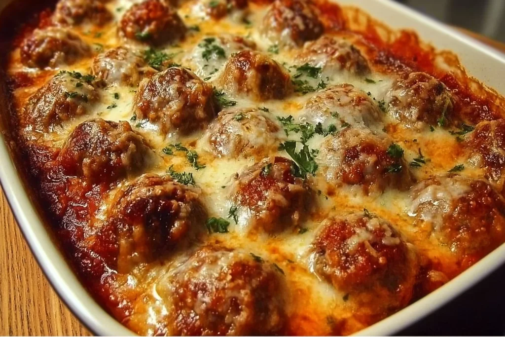 Keto Meatball Parmesan Casserole topped with cheese and herbs