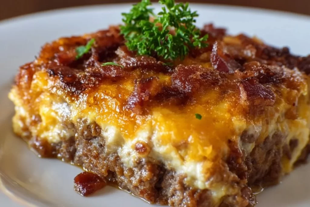 Low-Carb Bacon Cheeseburger Casserole with melted cheese and crispy bacon