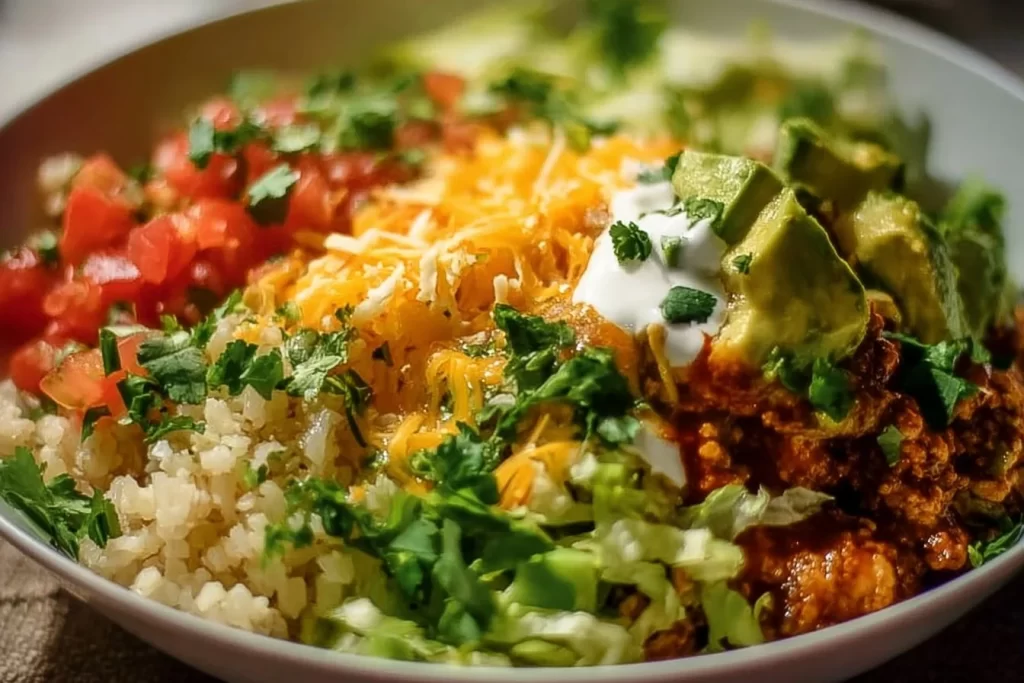 Healthy low carb burrito bowl with fresh ingredients and vibrant colors