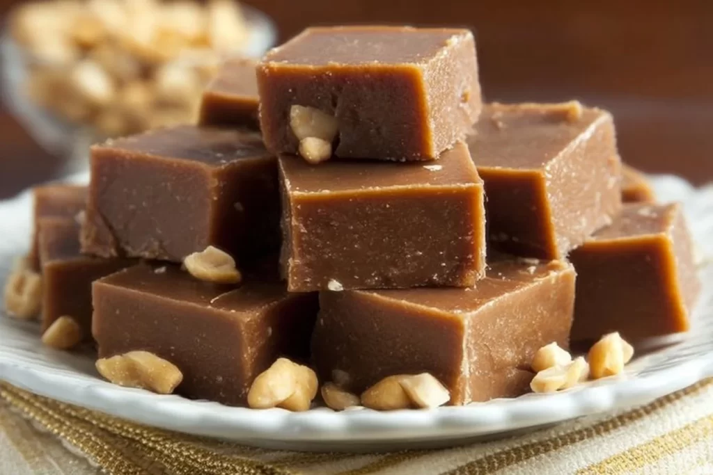 Homemade low carb fudge with chocolate and nuts on a white plate