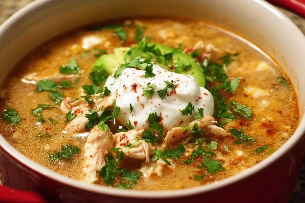 Bowl of Simple Keto White Chicken Chili topped with cilantro and cheese