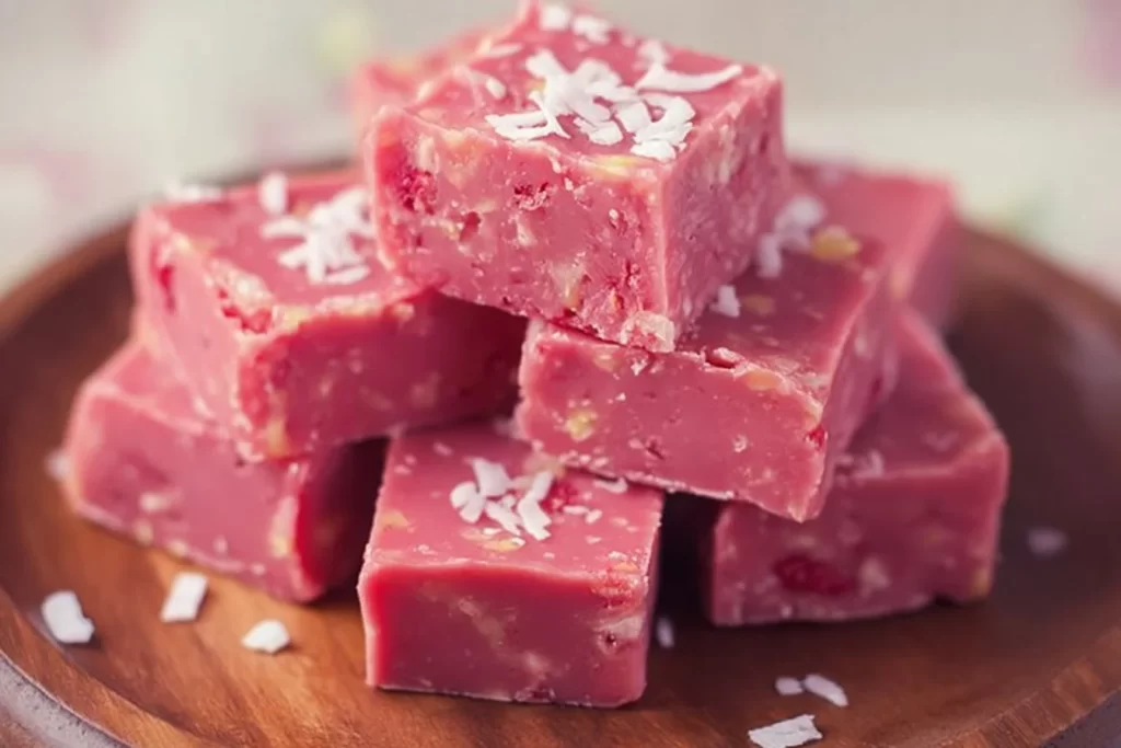 Delicious vegan raspberry coconut fudge slice on a plate