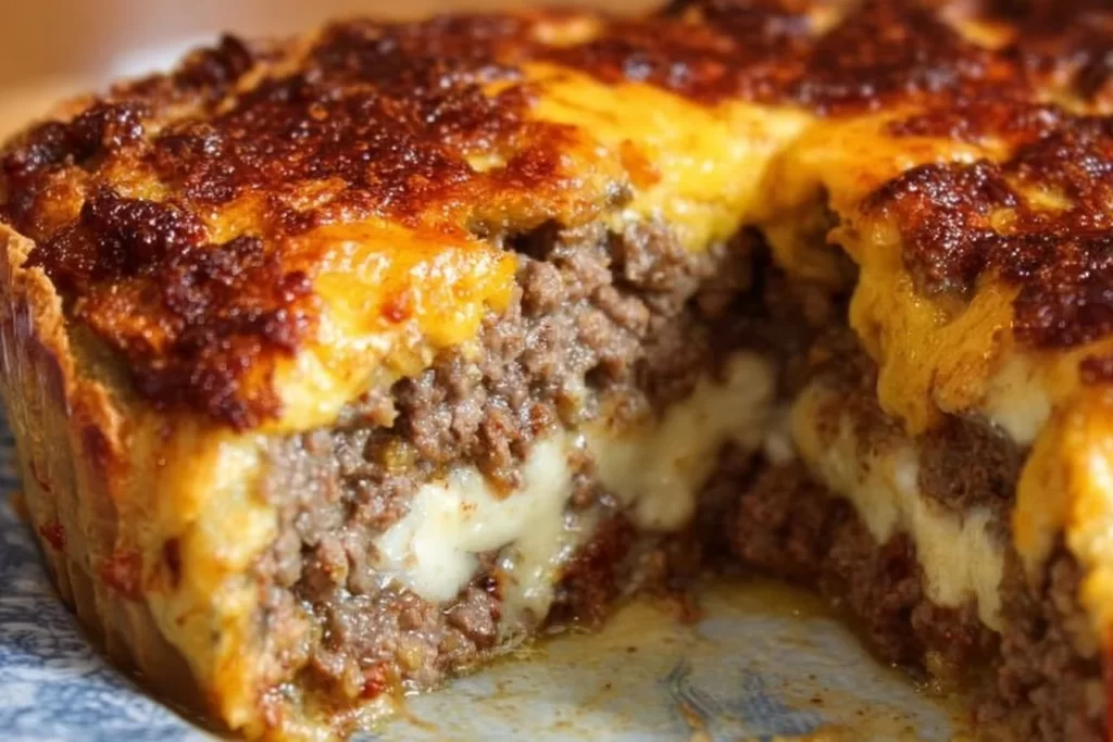 Zero-Carb Meat Pie served on a plate with fresh herbs and spices