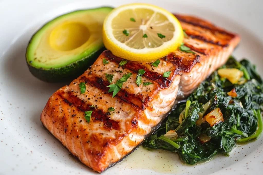 A delicious keto meal with grilled salmon, avocado, and spinach.