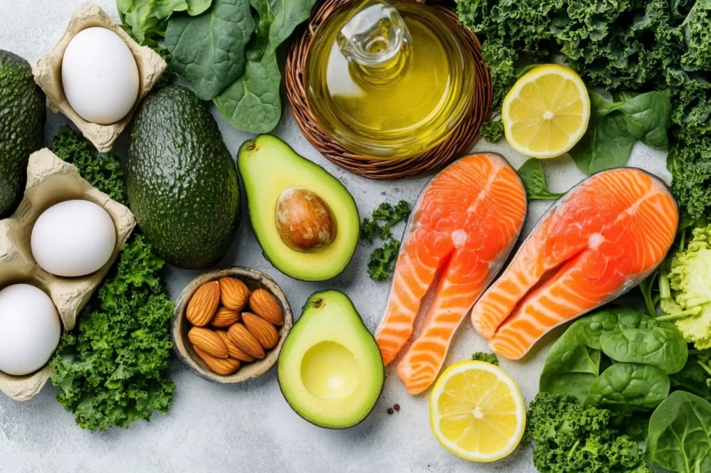 A collection of keto-friendly food staples like olive oil, eggs, and avocados.