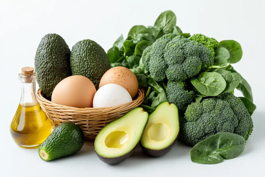 Fresh keto-friendly ingredients like healthy fats, leafy greens, and quality proteins displayed in a bright kitchen.