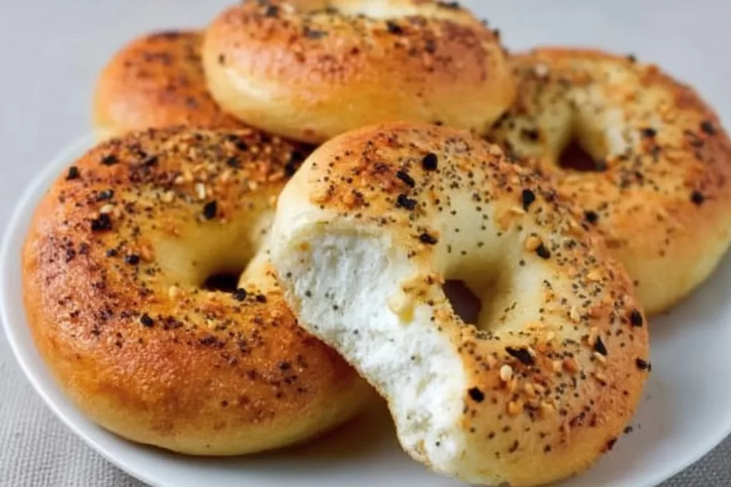 Freshly baked Keto Bagels served on a wooden board