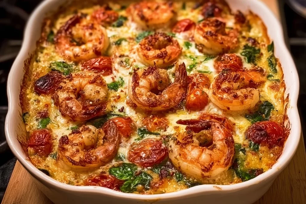 Low carb Tuscan shrimp bake served in a dish with vibrant vegetables.