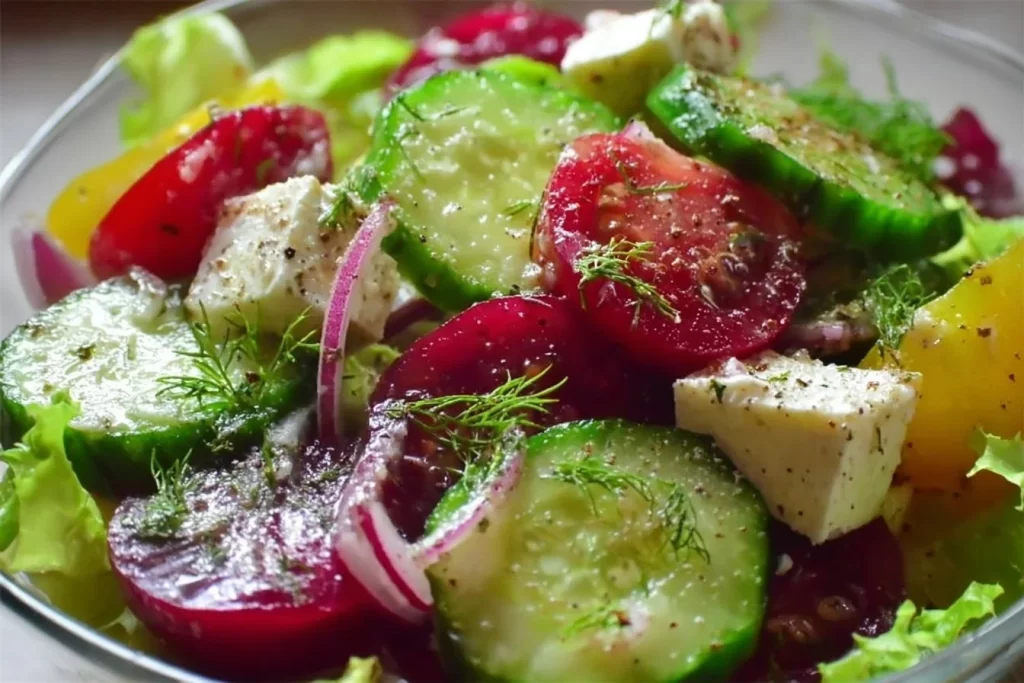 A vibrant and refreshing salad filled with fresh vegetables and colorful ingredients.