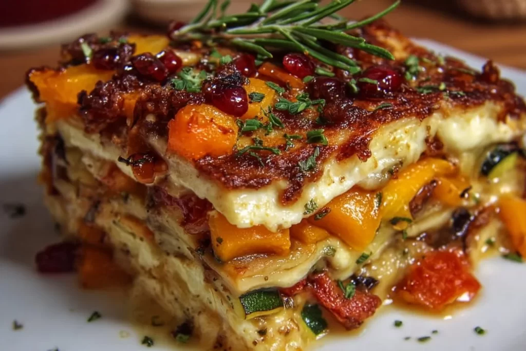 Delicious vegetarian roasted vegetable lasagna with layers of fresh veggies and cheese