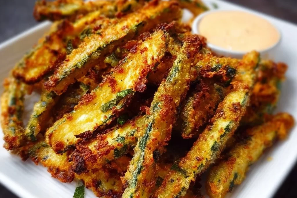 Crispy baked keto zucchini fries served on a plate