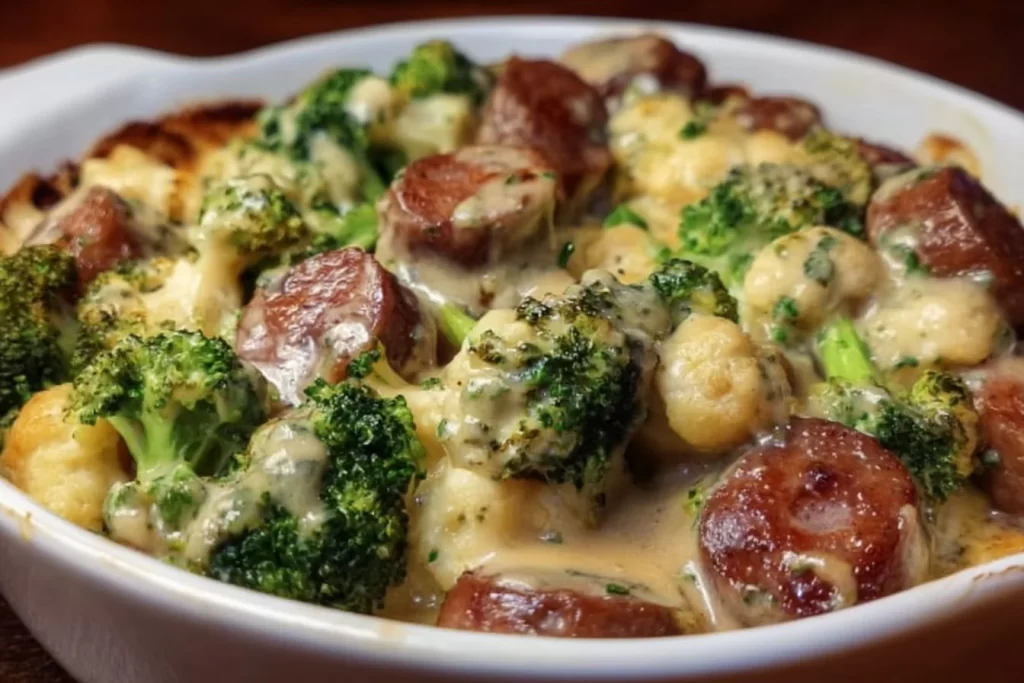 Easy Keto Broccoli and Cauliflower Au Gratin with Sausage dish