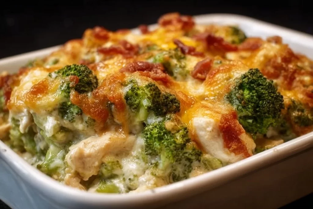 Healthy low carb chicken broccoli casserole topped with cheese and baked